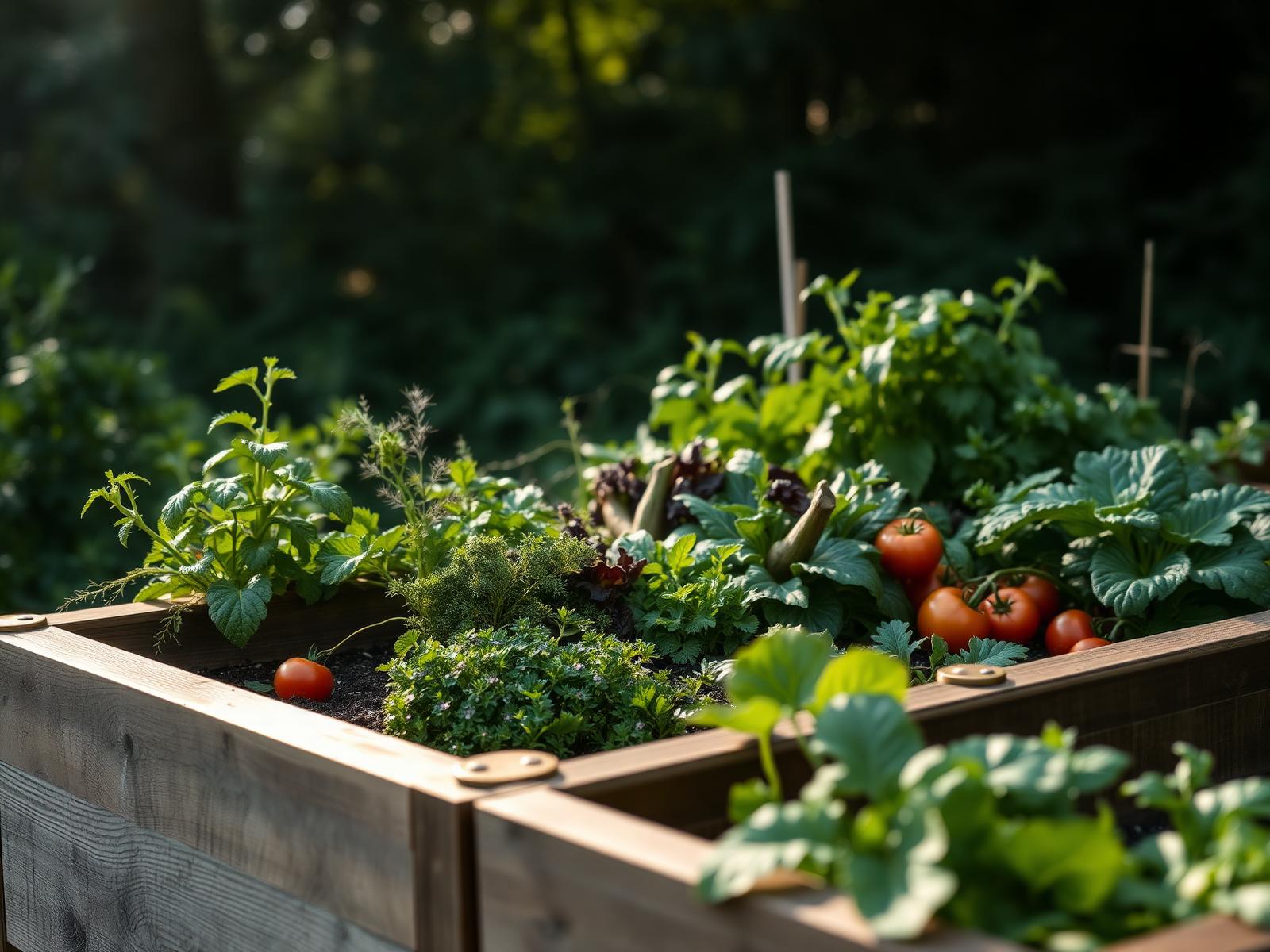 Hochbeet mit frischem Gemüse in üppigem Garten